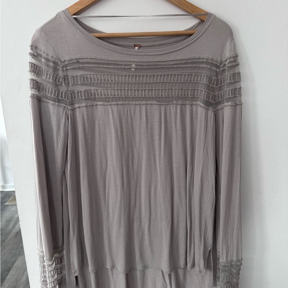 Free People Gray Smocked Ribbed Blouse